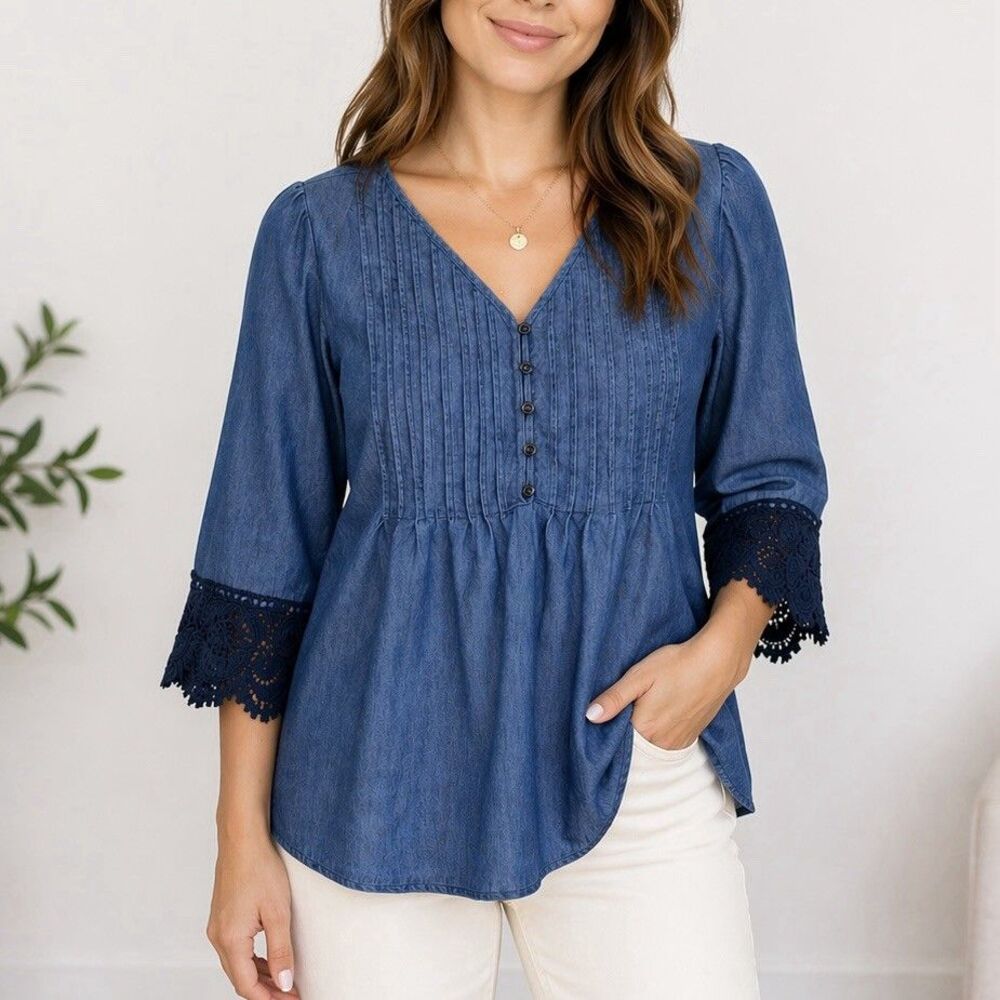 Sabrina Lauren Top Womens M Chambray Blue Lace Sleeve Boho Peasant Blouse